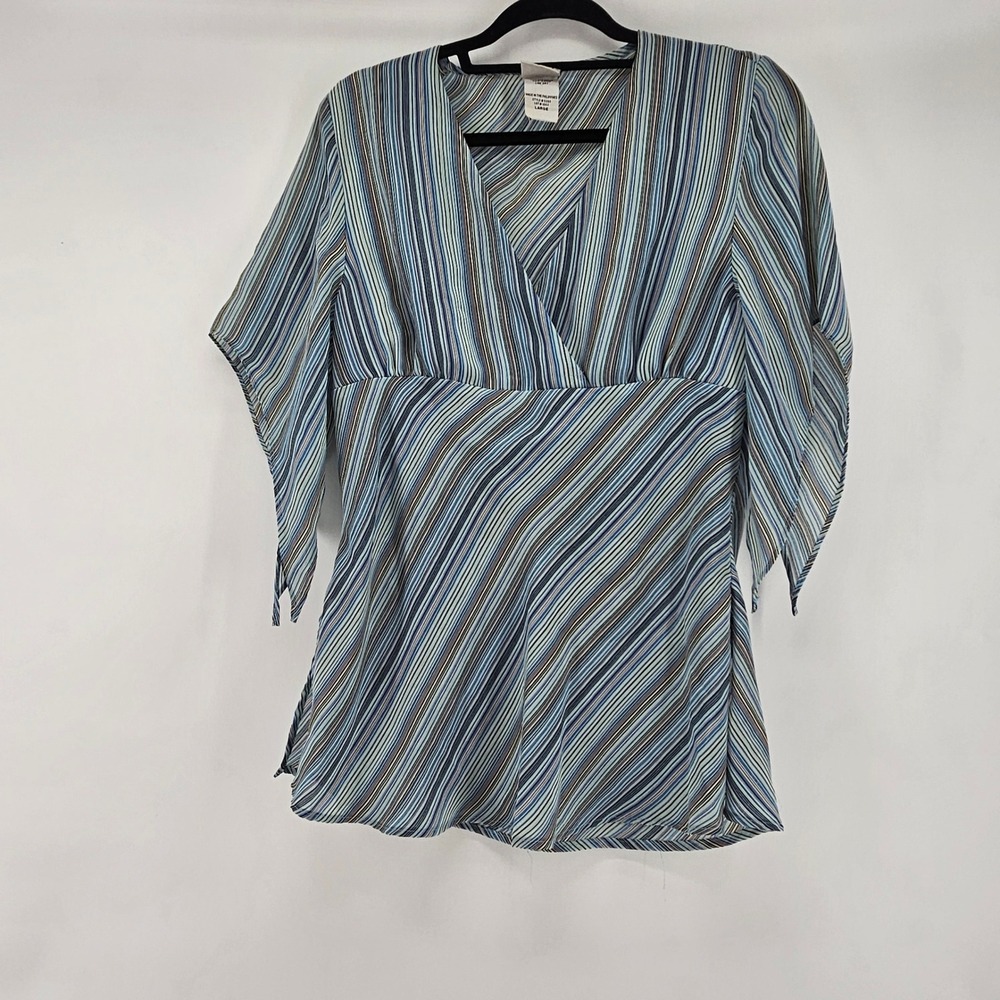 Y2K Babydoll‎ Blue Striped Blouse Top Large Flowy Flutter Sleeve Fairy Boho